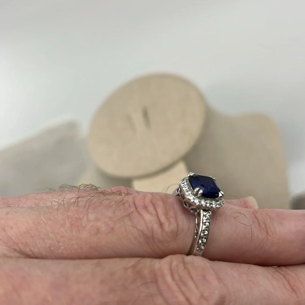 Sterling Silver 925 ๐ Blue Sapphire CZ Halo Ring - Size 7 - Picture 14 of 17